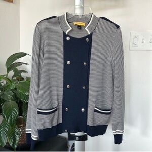 St. John Wool Nautical Knit Sweater Cardigan jacket/Top Sz M Navy Blue White